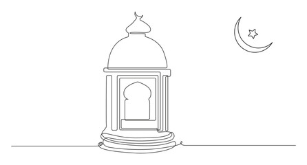 Continuous Line Drawing of Ramadan Lantern and Crescent Moon
