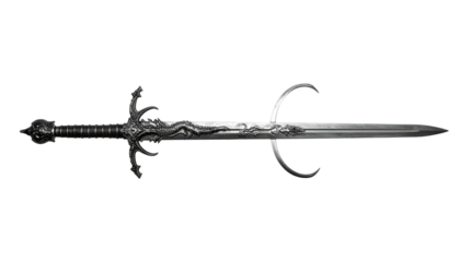 Ornate, silvery sword with a complex hilt design and a pointed blade against a black background