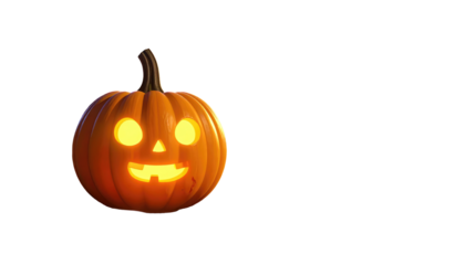 Bright, glowing Jack-o'-lantern with a friendly face on a black background. Festive, simple, and isolated design