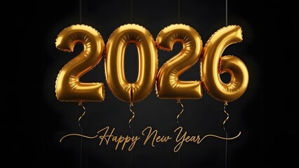Golden foil balloons spelling 2026 with happy new year calligraphy on black background