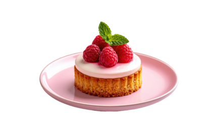 Small tart with light pink topping, raspberries, and mint on pink plate, against black background