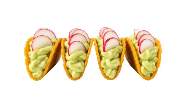 Mini tacos with guacamole and radish isolated PNG, delicious appetizer or snack for party and catering on transparent background