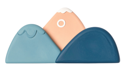 Minimalist representation of three mountains with stylized snow on a black background in blue, peach and white hues