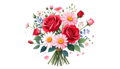 A vibrant digital illustration showcases a bouquet of diverse flowers, featuring prominent red roses, white daisies, and smaller blooms