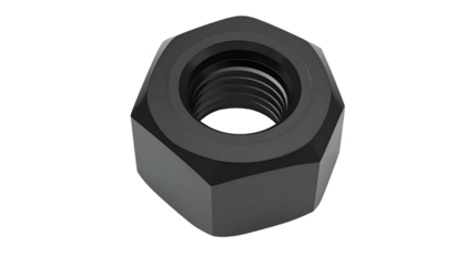Dark gray hex nut centered, showing thread details, angled, on a black background, well lit