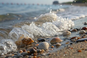 Obraz premium Waves gently washing over seashells and pebbles at the beach ultra detailed close-up of coastal beauty in a serene environment