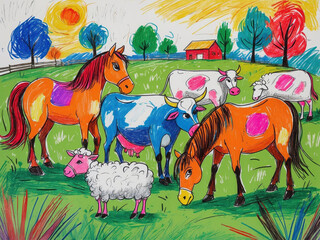Colorful farm animals graze happily in a vibrant green field under a bright sky. The expressive drawing style is suitable for children's books and illustrations.