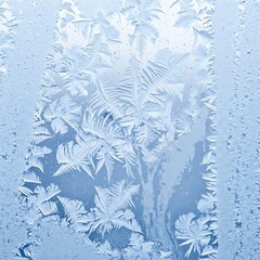 Frozen window with intricate frost patterns and floral designs on a cold winter surface