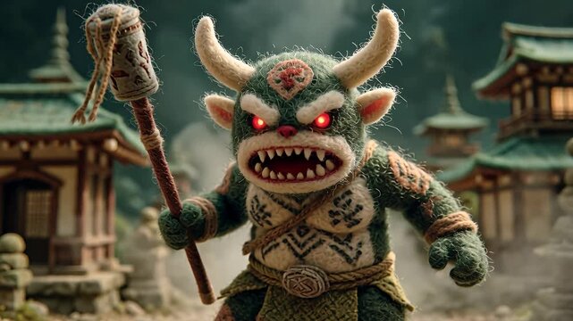 Fierce Oni Warrior with Glowing Red Eyes and Horns in a Traditional Japanese Setting.