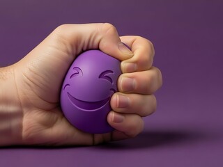 Hand squeezing a purple stress ball with a smiley face on a purple background