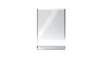 A 3D render of a rectangular, clear glass display stand on a black background. The stand is empty, showcasing reflections
