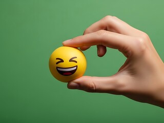 A hand holding a laughing emoji ball, representing joy and happiness