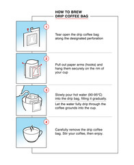 Drip coffee bag instruction set icons. Vector elements. Set for package, shows user instruction. EPS10.	