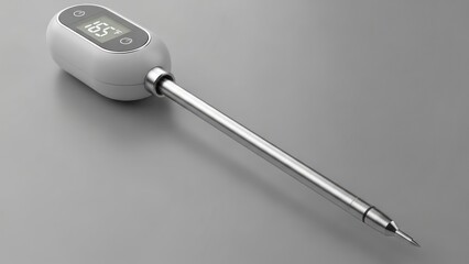 Digital food thermometer on grey surface for measuring temperature close up shot