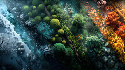 Colorful image of a forest with a blue sky in the background. The image is a representation of the four seasons, with the colors of the trees and sky changing from green to yellow to red to blue