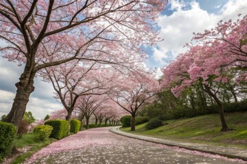 Obraz premium Serene cherry blossom trees in full bloom lining a scenic pathway capturing the delicate dance of pink petals falling in tranquil nature