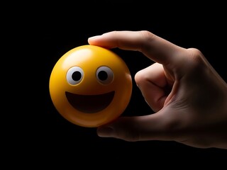 Joyful emoji ball held between fingers in a dark background, conveying happiness