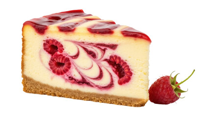 Delicious raspberry cheesecake slice isolated PNG, creamy dessert with graham cracker crust and fruit topping on transparent background