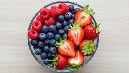 Fresh berries in a glass bowl overhead view
