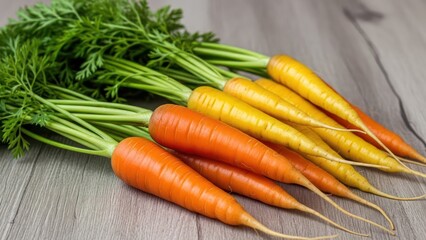 Fresh carrots with green tops arranged on a wooden surface