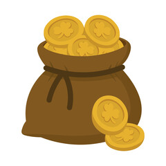 Bag of gold coins with shamrock symbols, Irish Saint Patrick vector clipart illustration.