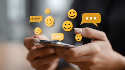Person interacting with digital emojis and star ratings on smartphone hands mobile phone
