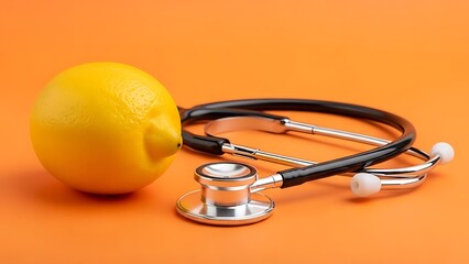 Healthy Lifestyle Concept Lemon and Stethoscope on Orange Background