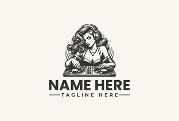 Black and white illustration of a woman sitting at a desk with a laptop and papers on a plain background with a placeholder logo and tagline.