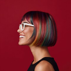 Fototapeta premium Smiling young adult female with colorful bob haircut and glasses