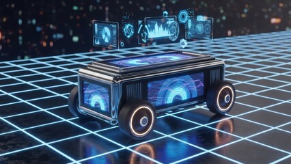 Futuristic technological vehicle on grid with digital displays