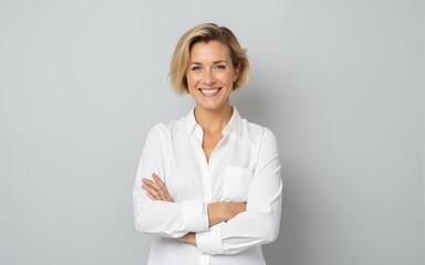 woman with short blonde hair and a confident smile is wearing a white shirt and stands with her arms crossed against a light grey background. High quality
