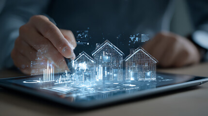 Person interacting with digital real estate models on tablet stylus hand