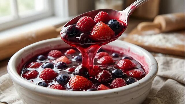 Spoon scooping mixed berry compote from a white bowl. Fresh fruit sauce with strawberries and blueberries dripping. Homemade dessert topping concept