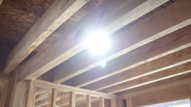 A smooth camera movement reveals the intricate wooden framework inside a building under construction. Exposed ceiling joists and wall studs display natural wood textures and grain, illuminated by soft