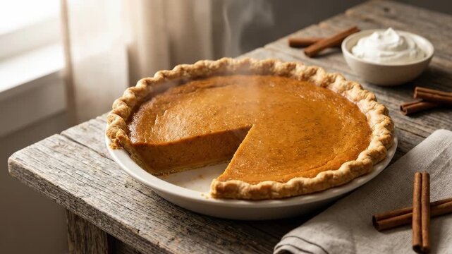 Steaming pumpkin pie on a rustic wooden table near a window. Freshly baked autumn dessert with cinnamon and whipped cream for Thanksgiving. Traditional holiday food concept