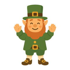 Cute leprechaun character standing and waving in green outfit, Irish Saint Patrick vector clipart.