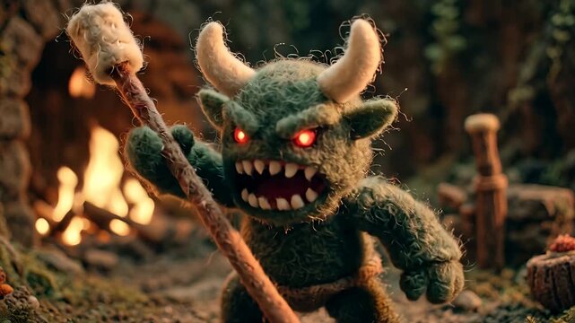 Fierce Green Monster with Glowing Eyes and Horns Holding a Torch in a Dark Cave.
