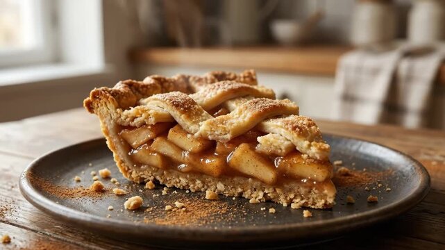 Steaming slice of fresh apple pie on a wooden table. Close-up of homemade dessert with lattice crust and cinnamon. Traditional autumn comfort food