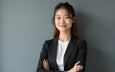 Studio portrait of young business woman looking at camera against grey wall. High quality