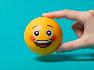 A Hand Holding a Happy Emoji Ball Against a Blue Background