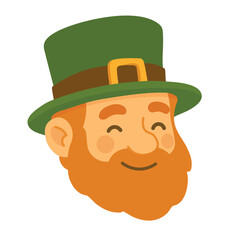 Smiling leprechaun face in green hat, cute Irish Saint Patrick vector clipart sticker.
