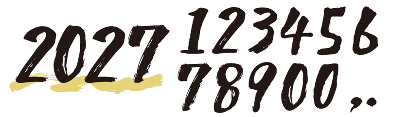 筆で書いた0から9までの数字のひと揃い。