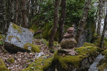 Granite stone marker in a mossy woodland in the province of Ourense, Galicia, Spain