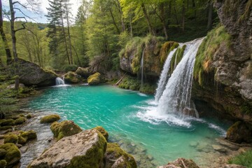 Naklejka premium Cascading crystal clear waterfall into turquoise pool surrounded by mossy rocks in a natural forest setting
