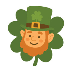 Cute leprechaun face inside shamrock leaf, smiling Irish Saint Patrick cartoon vector clipart.