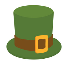 Green leprechaun hat with golden buckle, Saint Patrick Irish flat vector clipart illustration.