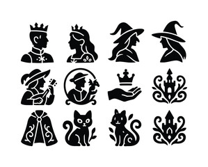 Fairytale silhouette icon set. featuring king, queen, witch, prince, guitar, crown, castle, and cat symbols