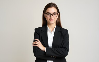 Studio Portrait Of Serious Young Businesswoman With Folded Arms Against Plain Background. High quality