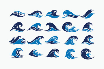 Naklejka premium Collection of twenty stylized blue wave icons water ocean