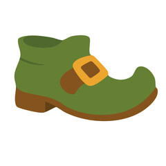 Green leprechaun shoe with golden buckle, Irish Saint Patrick festive flat vector clipart.